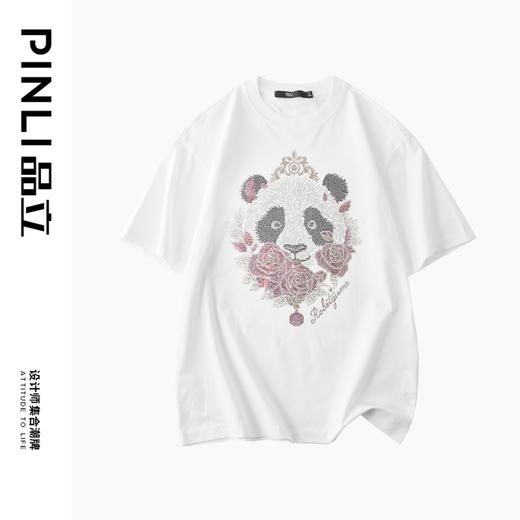 PINLI品立2025夏季新款男士熊猫烫钻圆领短袖T恤上衣BG252111007 商品图3