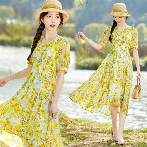 雪纺碎花连衣裙收腰显瘦仙女长裙HR-SYY2322B 商品图0