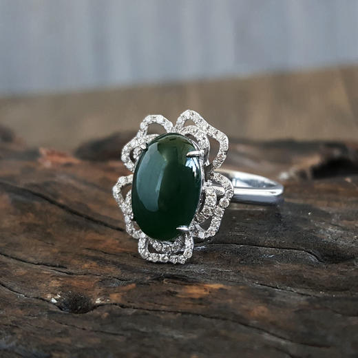 【天然正品】AU750白金镶钻镶天然冰种蛋面墨绿翡翠戒指14号（戒圈可改）女士现售价：2880！240325NJM04 商品图2