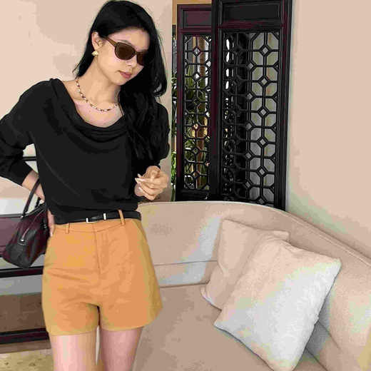 顺丰包邮洛诗琳99259轻奢真丝荡领上衣百搭高腰短裤通勤套装0021 商品图2