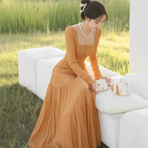 春季法式收腰显瘦长裙橘色方领连衣裙HR-syfs9989 商品图0