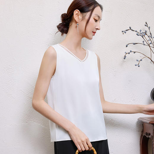 玳莎真丝拼欧根纱V领背心女2025夏季新款百搭桑蚕丝无袖内搭上衣  FB31004 商品图1