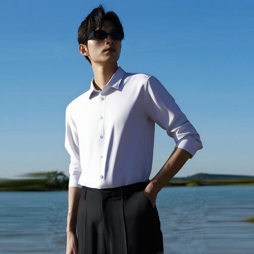 圣得西男士长袖衬衫商务休闲通勤透气经典易搭白色简约男装上衣2512952001A 商品图3