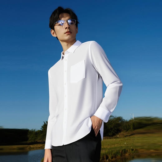 圣得西男士长袖衬衫商务休闲通勤透气经典易搭白色简约男装上衣2512952001A 商品图1