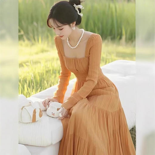 春季法式收腰显瘦长裙橘色方领连衣裙HR-syfs9989 商品图3