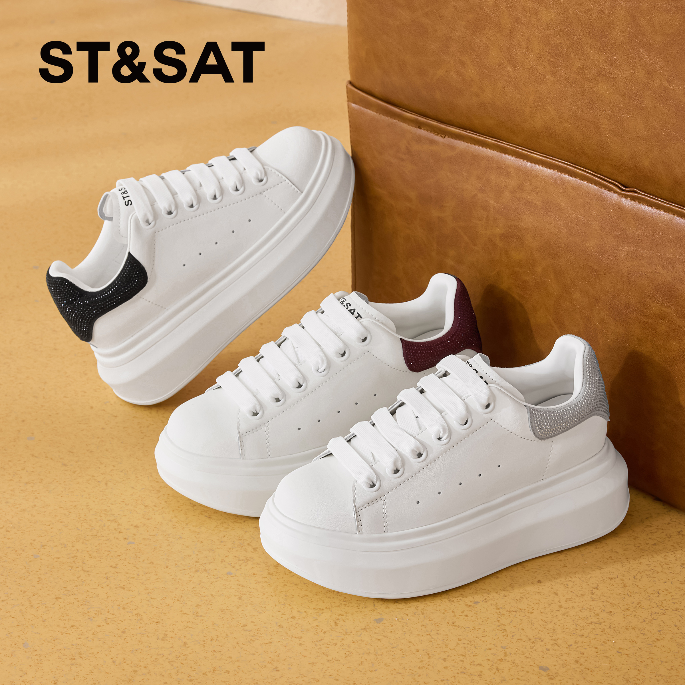 星期六经典百搭厚底亮钻小白鞋SSD1112C2E