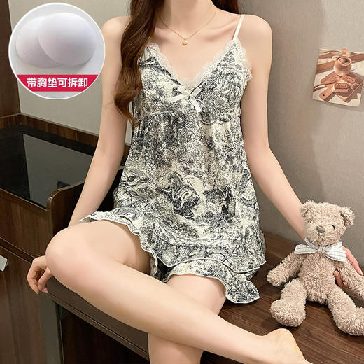 2025新款吊带睡衣女国潮甜美卡通带胸垫套装泡泡皱夏季日系家居服学生甜美睡衣 商品图2