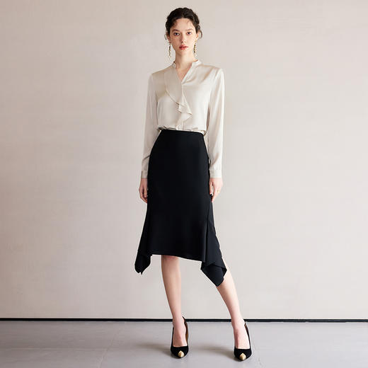 IWY/时髦小姨风穿搭套装新款香槟色长袖衬衫两件套黑色鱼尾半裙B523+S2207 商品图1