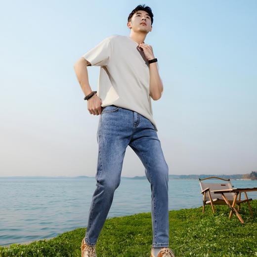圣得西男士水洗牛仔裤秋季款新潮小脚时尚修身百搭休闲裤长裤子 商品图4