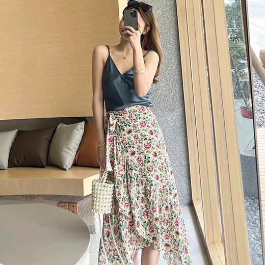 顺丰包邮洛诗琳73941夏季新款双皱绑带真丝碎花半身裙0997 商品图2