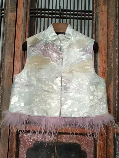 盛唐牡丹| 西阵织配鸵鸟毛对襟马甲 商品图0