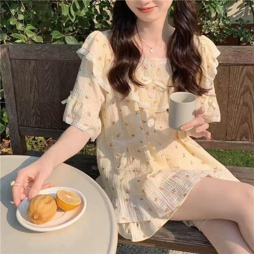 夏天网红风蕾丝碎花短袖短裤仿棉睡衣女夏季小个子家居服外穿套装 商品图2