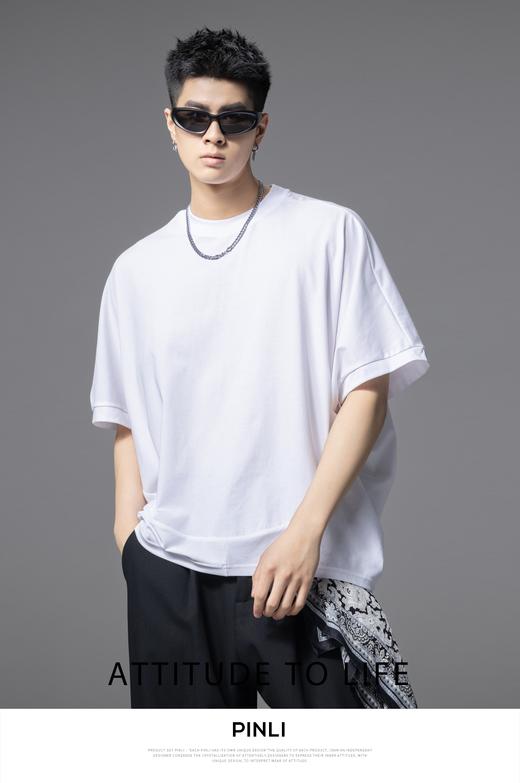 PINLI品立2025夏季新款拼接宽松廓形短袖T恤男士潮流纯色百搭上衣B252111030 商品图8