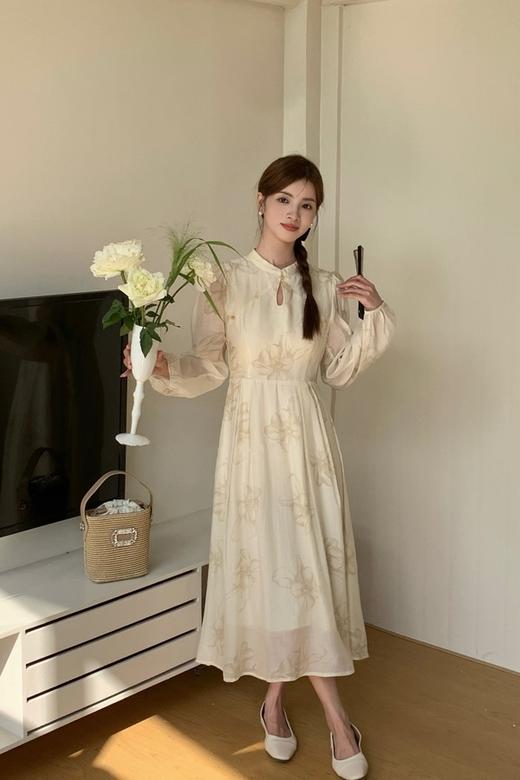 Le Malene 新中式水滴领杏色花朵印花连衣裙 20164 商品图0