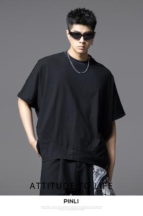 PINLI品立2025夏季新款拼接宽松廓形短袖T恤男士潮流纯色百搭上衣B252111030
