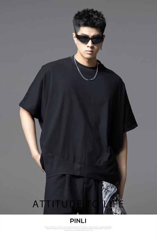 PINLI品立2025夏季新款拼接宽松廓形短袖T恤男士潮流纯色百搭上衣B252111030 商品图0