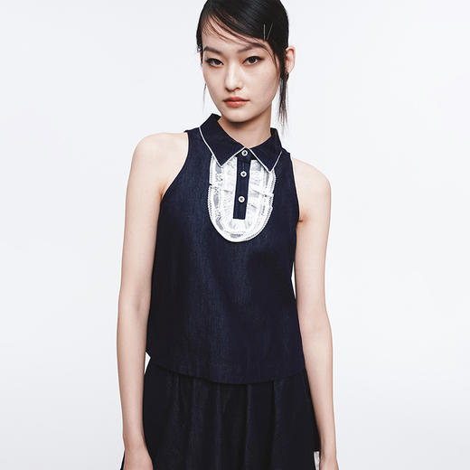 HERLIAN 2025年春季新品蕾丝拼接无袖原色牛仔上衣 商品图3