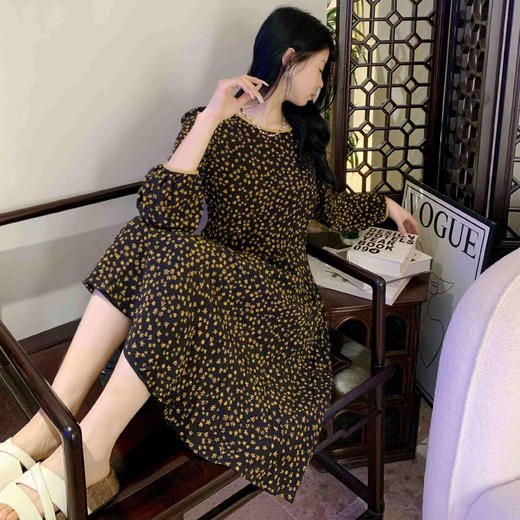 顺丰包邮洛诗琳73706春夏新款高级感法式气质真丝碎花连衣裙0561 商品图0