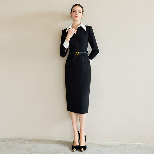 IWY/职业通勤女装高级感轻熟风连衣裙女黑白撞色翻领西装收腰包臀裙Q1295 商品图3