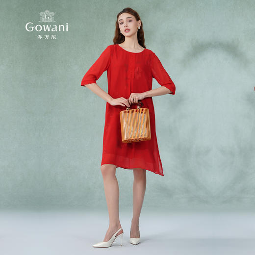 乔万尼真丝连衣裙女宽松遮肉红装气质印花中袖桑蚕丝中长EN2E546 商品图1