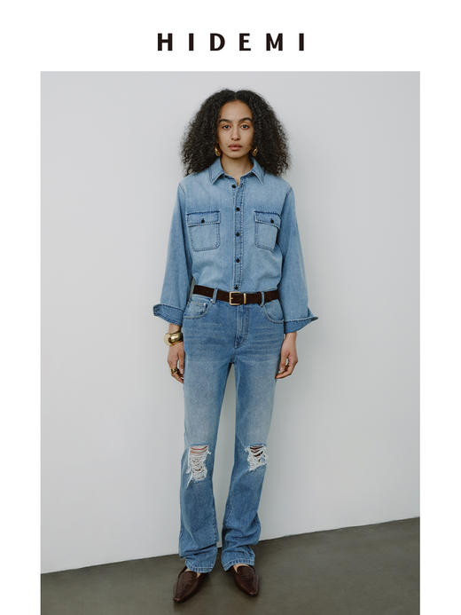 HIDEMI都市单宁系列多重水洗猫须牛仔蓝不规则破洞手作做旧牛仔裤 商品图9