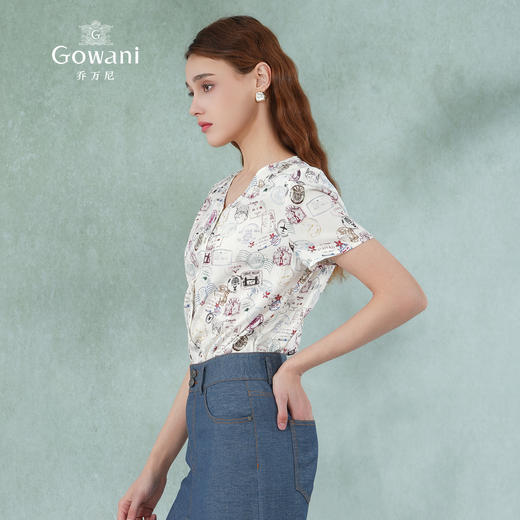 乔万尼真丝短袖上衣女设计感衬衫时尚气质v领印花桑蚕丝衬衣夏ES2C135 商品图2