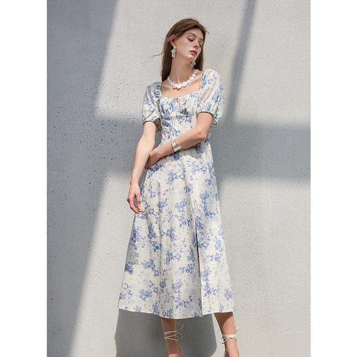 三彩2025夏季新款碎花连衣裙法式方领收腰A字裙泡泡袖长裙优雅S 商品图3