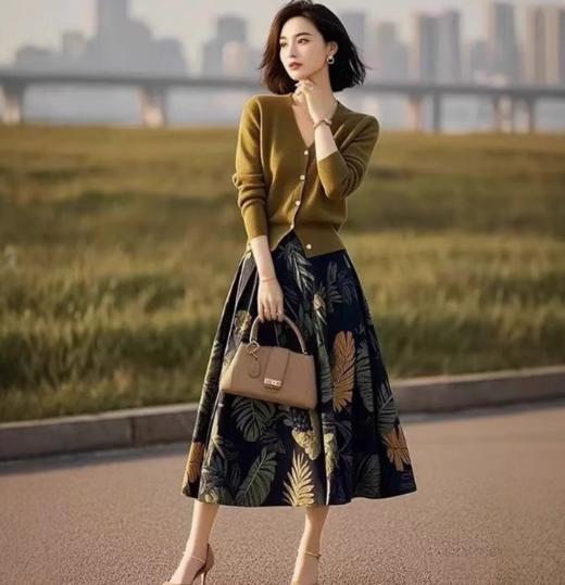 （预售15天）时尚开衫上衣，搭配印花半身裙两件套装LJX-057 商品图1