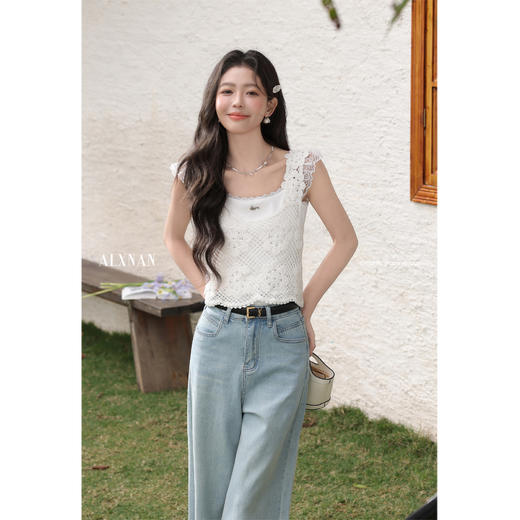 鹿向南「云水谣」米白色法式气质修身蕾丝假两件女背心2025夏新款 商品图1