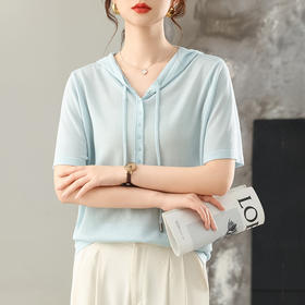 CC-MH-25125连帽短袖t恤女装2025夏季新款莱赛尔天丝针织衫薄款带帽宽松上衣