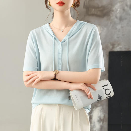 CC-MH-25125连帽短袖t恤女装2025夏季新款莱赛尔天丝针织衫薄款带帽宽松上衣 商品图0