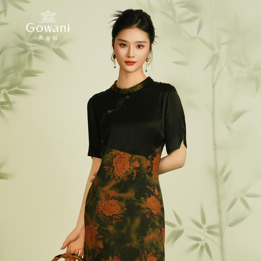 【黄色复古花】【香云纱】乔万尼新款夏重磅真丝桑蚕丝连衣裙拼接复古印花长裙ES2E123 商品图3