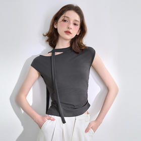 设计感气质镂空蝴蝶结绑带露肩针织无袖T恤女春夏背心V0650250/V0051018