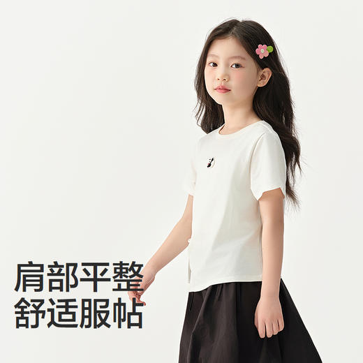 森马儿童短袖T恤2025夏新款女童可盐可甜熊猫刺绣上衣抽褶蝴蝶结 商品图3