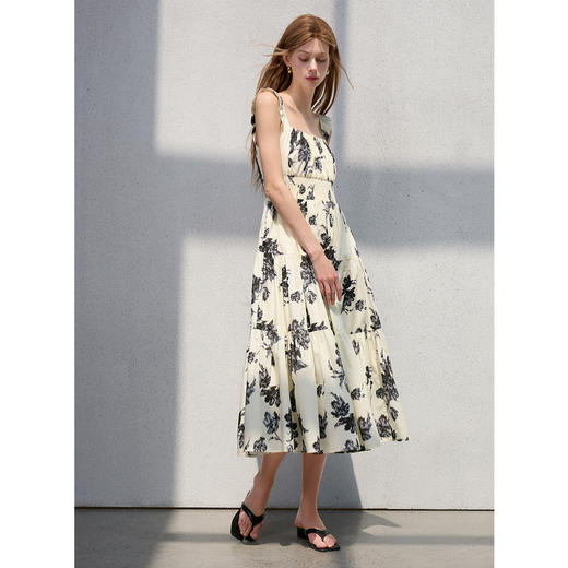 三彩2025夏季新款纯棉连衣裙小飞袖收腰A字裙长裙法式优雅S 商品图1