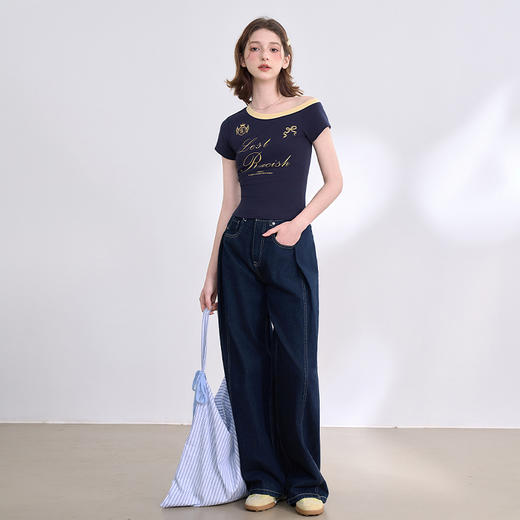 【美式复古辣妹】设计感斜肩短袖T恤女春夏印花上衣V0750280 商品图1