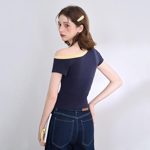 【美式复古辣妹】设计感斜肩短袖T恤女春夏印花上衣V0750280 商品图4