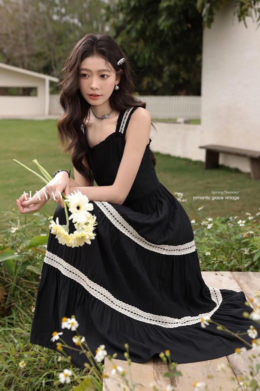 鹿向南「南法假日」黑色连衣裙搭配开衫2025夏装新款无袖长裙女 商品图5