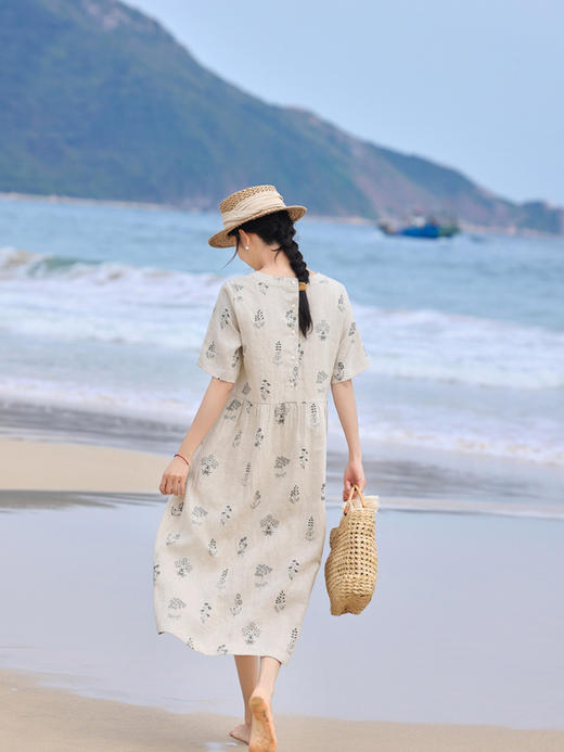 亚麻印花宽松圆领，复古中袖连衣裙茶服HS25827 商品图2