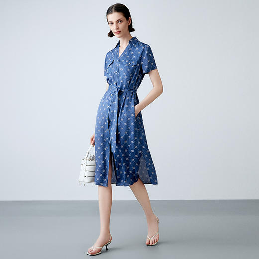 EITIE爱特爱夏季新款通勤时尚气质印花系带收腰连衣裙女7807508 商品图3