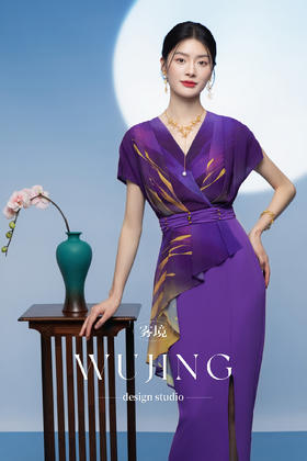 3205277 紫金梦雨 进口蜂窝缎/韩国进口水晶乔其纱连衣裙 雾境