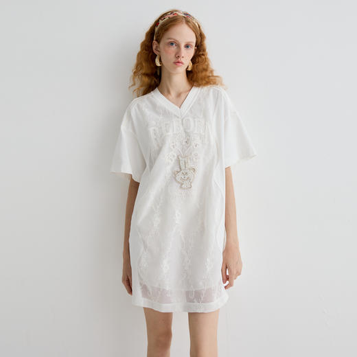 谜底连衣裙短袖女2025夏新品日常绣花T恤裙宽松H型短裙252ML0641 商品图0