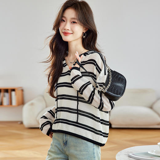 CC-22-2540慵懒风条纹连帽薄款针织衫卫衣女春秋2025新款好看宽松短款上衣 商品图2