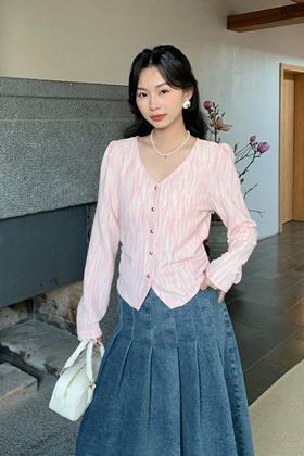 LNNNS 粉色V领单排扣上衣开衫 20182