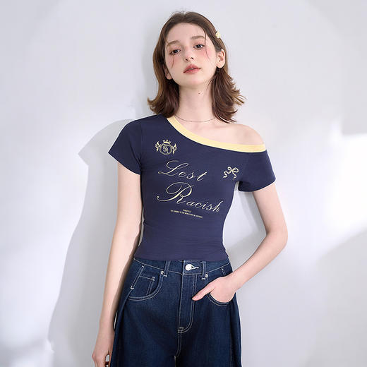 【美式复古辣妹】设计感斜肩短袖T恤女春夏印花上衣V0750280 商品图3