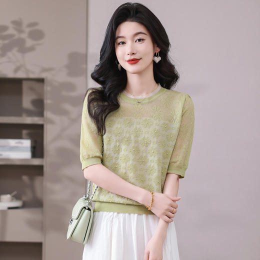 CC-QG-6011天丝针织短袖t恤女夏季2025新款蕾丝拼接圆领镂空钩花宽松体恤薄 商品图1