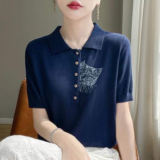 CC-SDY99028宽松POLO领薄款羊毛打底刺绣百搭夏季2025新款针织短袖T恤女 商品图1