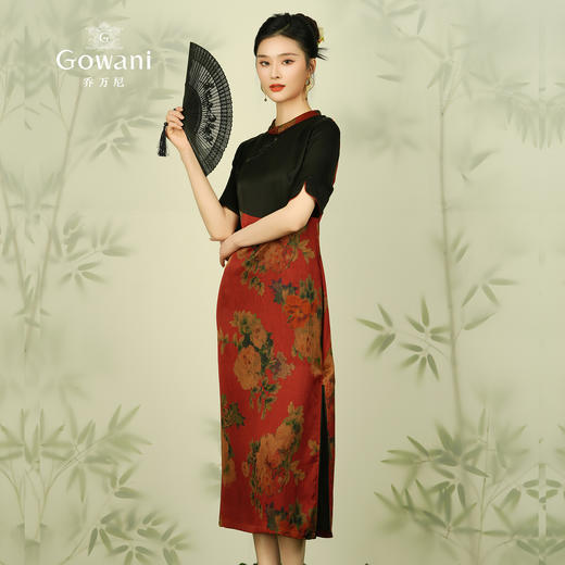 【红色复古花】【香云纱】乔万尼新款夏装重磅真丝连衣裙拼接复古印花桑蚕丝长裙ES2E123 商品图2