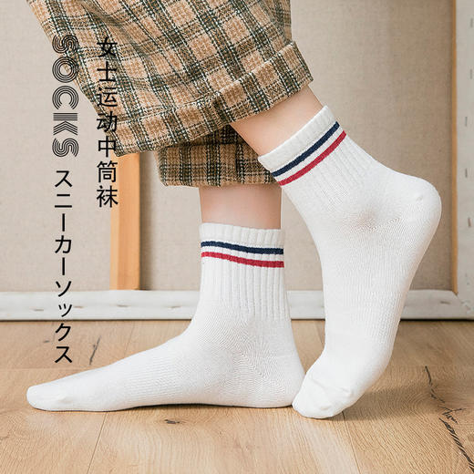 【女士条纹直角中筒袜】女士运动休闲袜子女直角中筒袜学院风四季袜吸汗防臭 商品图0