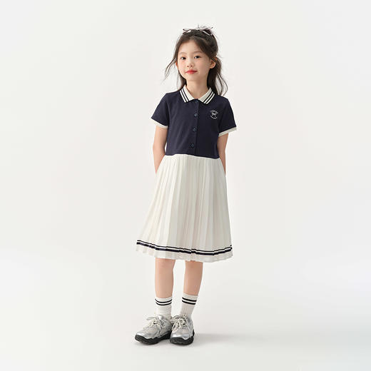 森马儿童连衣裙2025夏季新款复古学院风裙子女童装POLO领百褶撞色 商品图2
